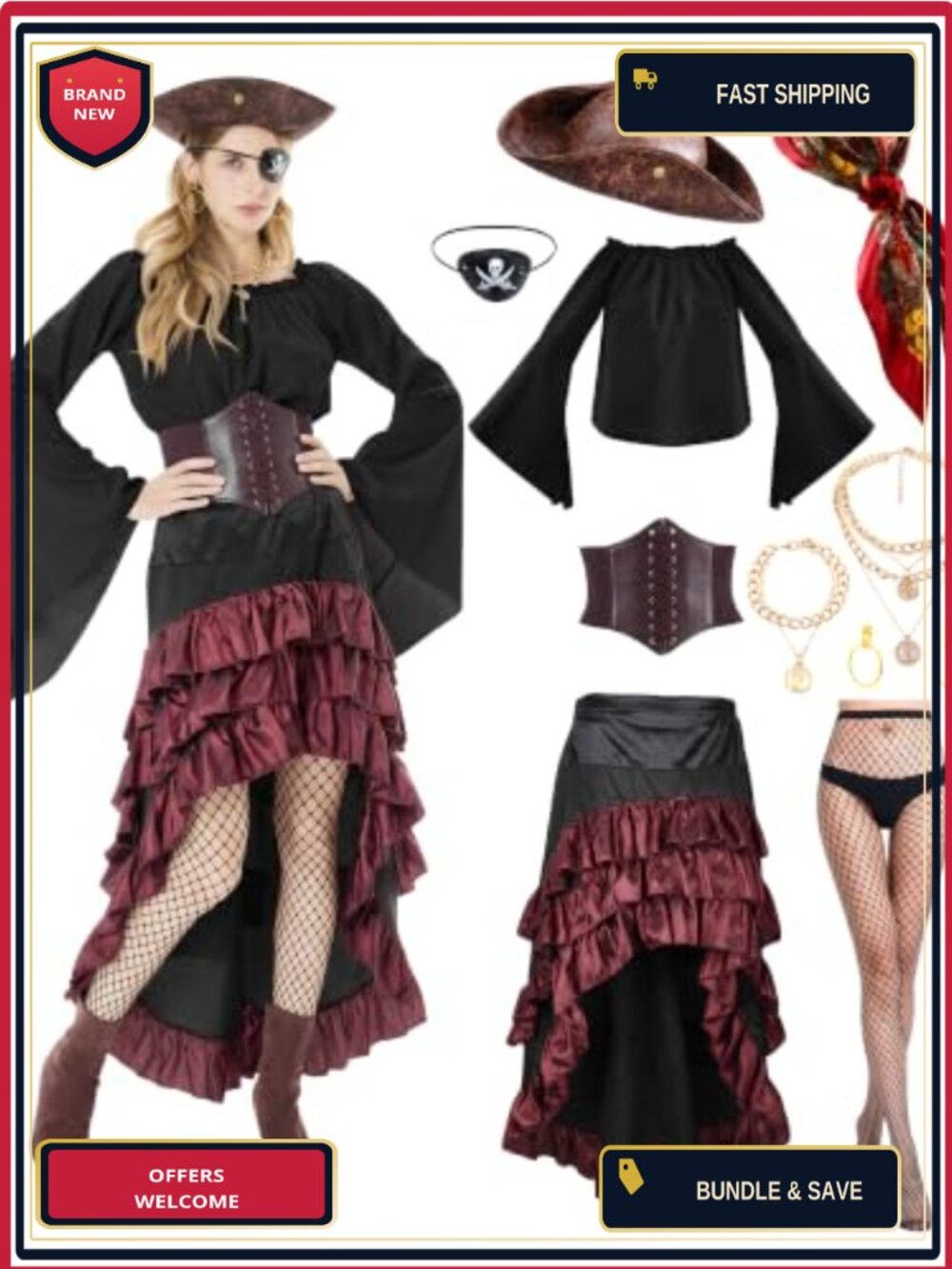 11 Piece Women's Pirate Costume Set Long Sleeve Shirt Skirt Corset Halloween